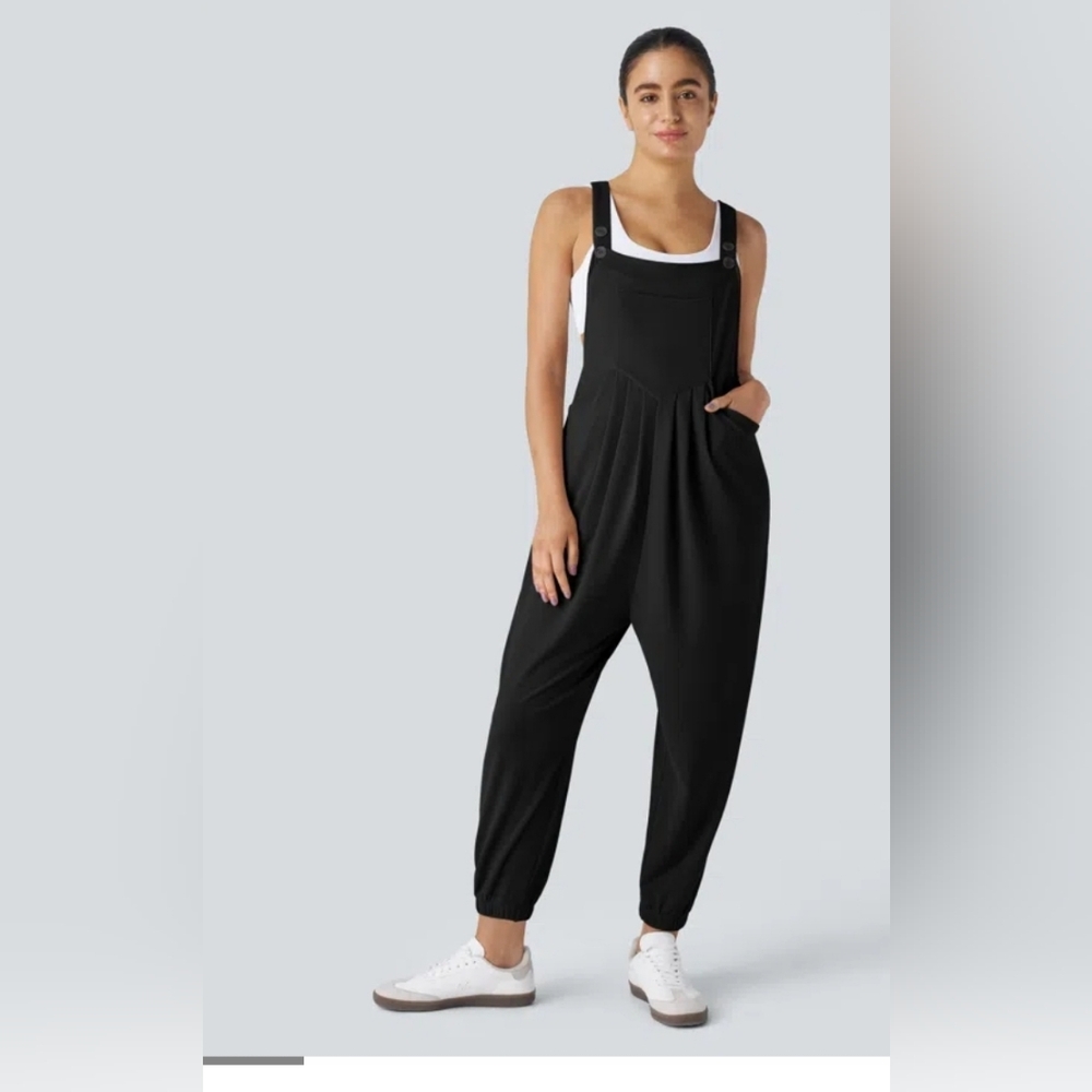 Halara Black Adj. Strap Button Multiple Pockets Waffle Casual Overalls s…